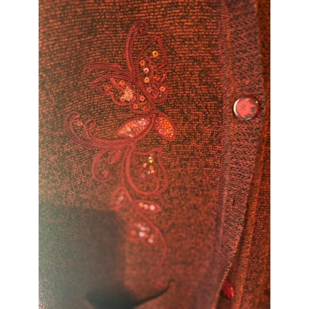 T C Fashion Red Knit Cardigan Sequined Embellished‎ Button Down Pockets Size M